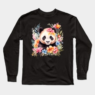 A panda bear decorated with beautiful watercolor flowers Long Sleeve T-Shirt